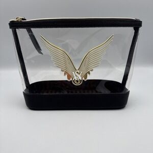 Victoria's Secret Clear Black Makeup Bag PVC Faux Leather Gold Angel Wings